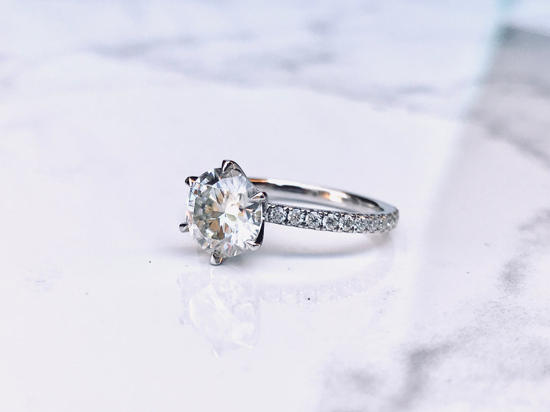 The Audrey: 2 Carat Round, White Gold with Pave Band, 6 Prong Solitaire