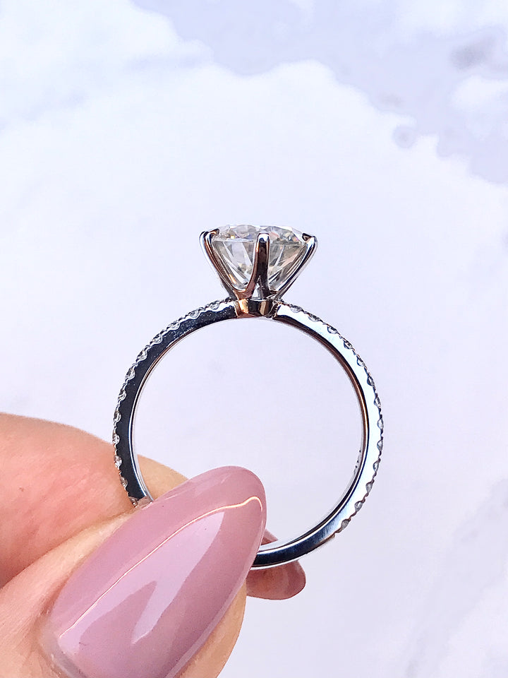 The Audrey: 2 Carat Round, White Gold with Pave Band, 6 Prong Solitaire