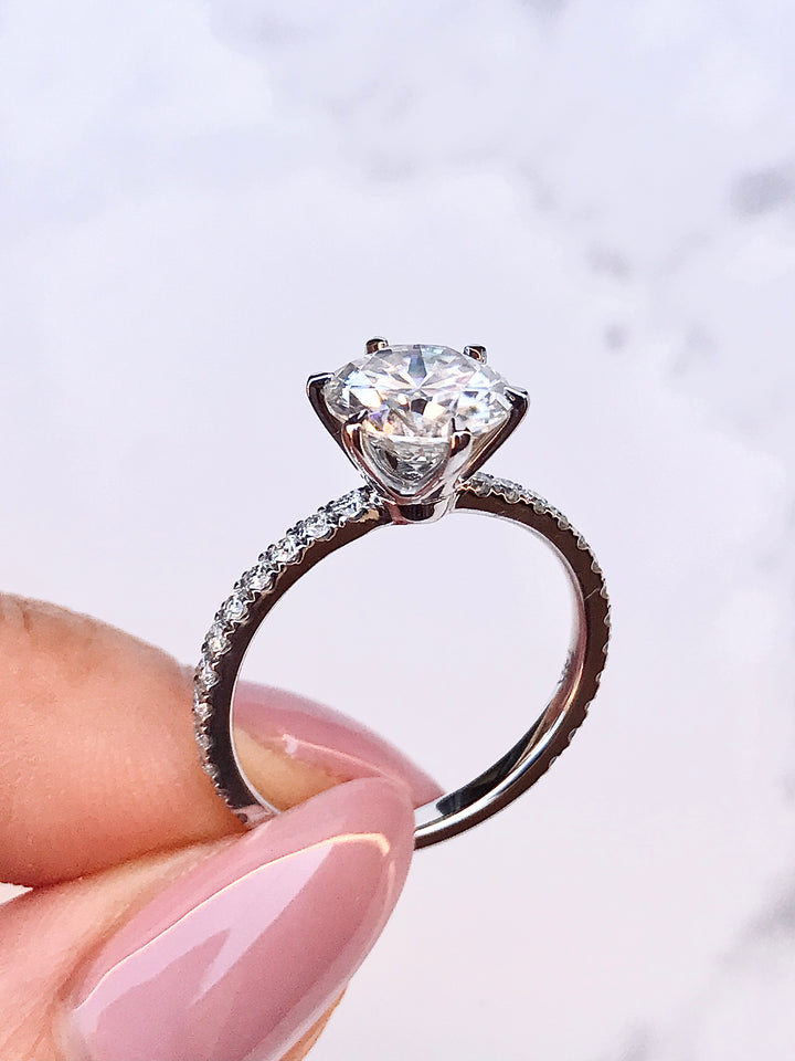 The Audrey: 2 Carat Round, White Gold with Pave Band, 6 Prong Solitaire